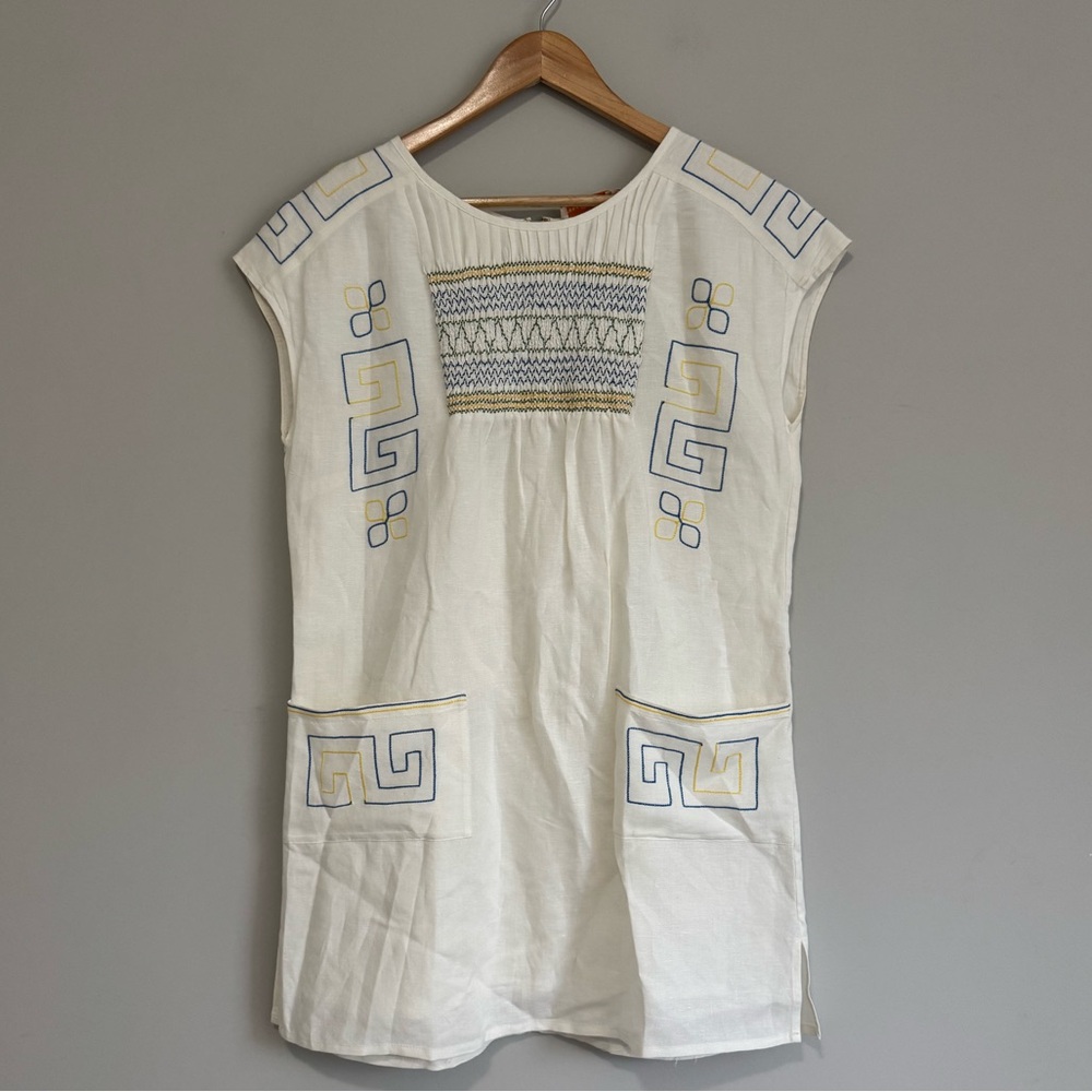 Tory Burch Linen Blend Embroidered Tunic Mini Dress